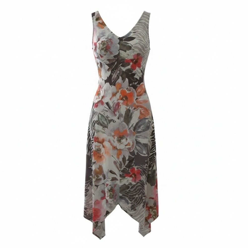 Soft Surroundings Floral Zebra Handkerchief Hem Midi Dress V-Neck Sleeveless L